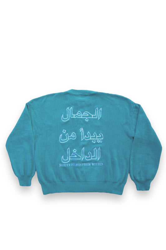 “Beauty Starts From Within” Teal Knit Sweater